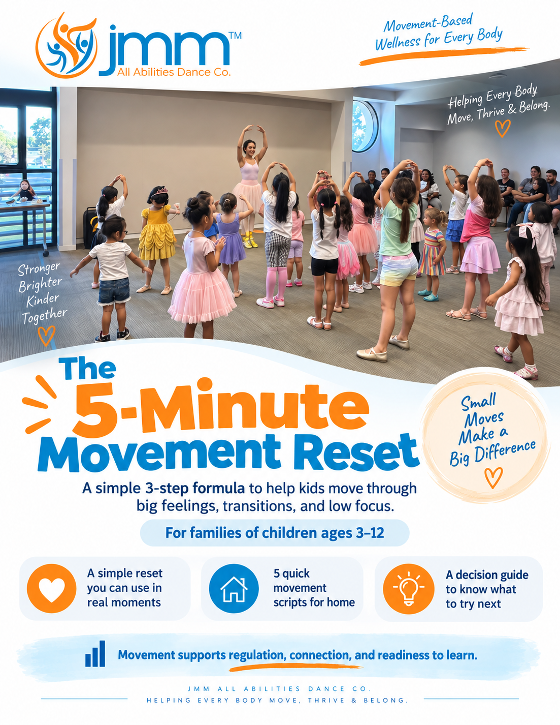 Cover of the 5-Minute Movement Reset, JMM Dance Co.'s free movement guide for parents and caregivers